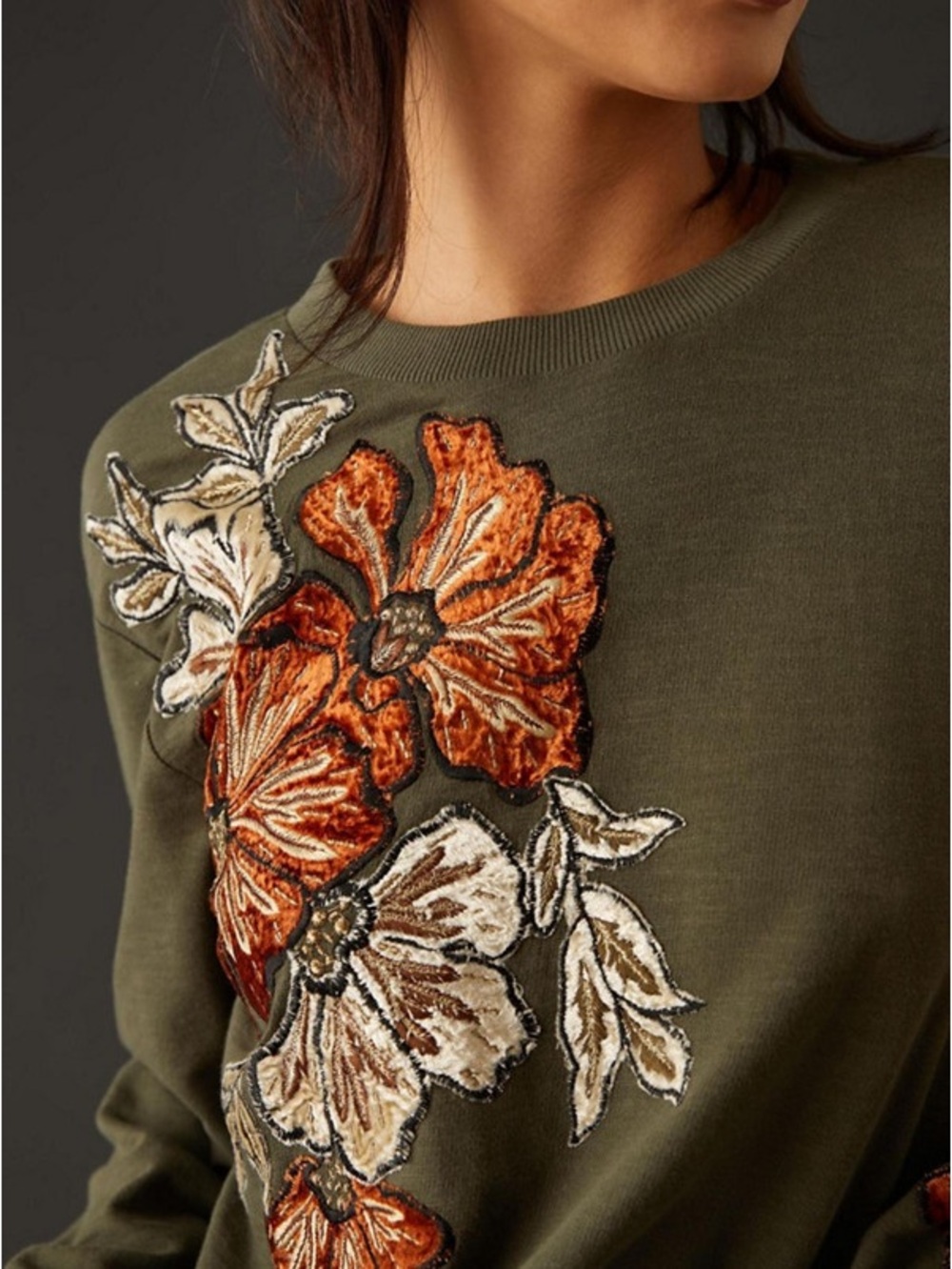 Anthropologie Floral Appliqué Sweatshirt Size S Green Floral
